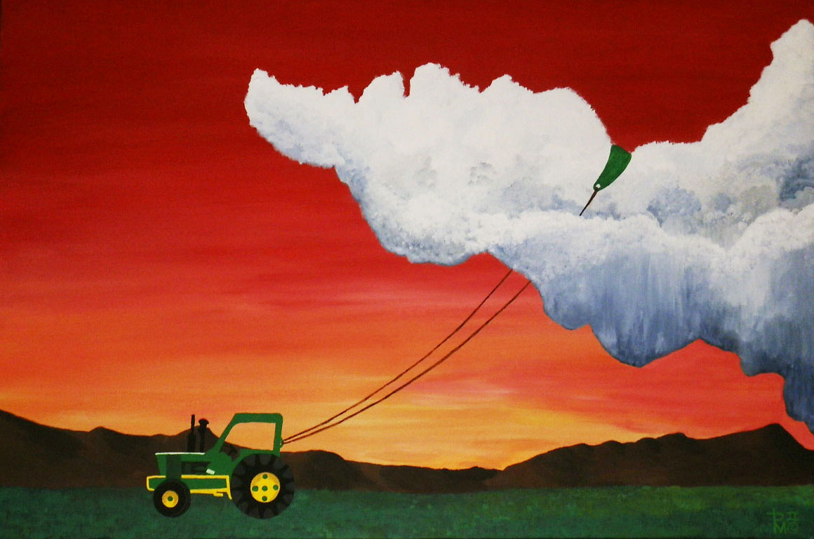 West Texas Ingenuity — a tractor pulling a storm cloud across a parched field at sunset